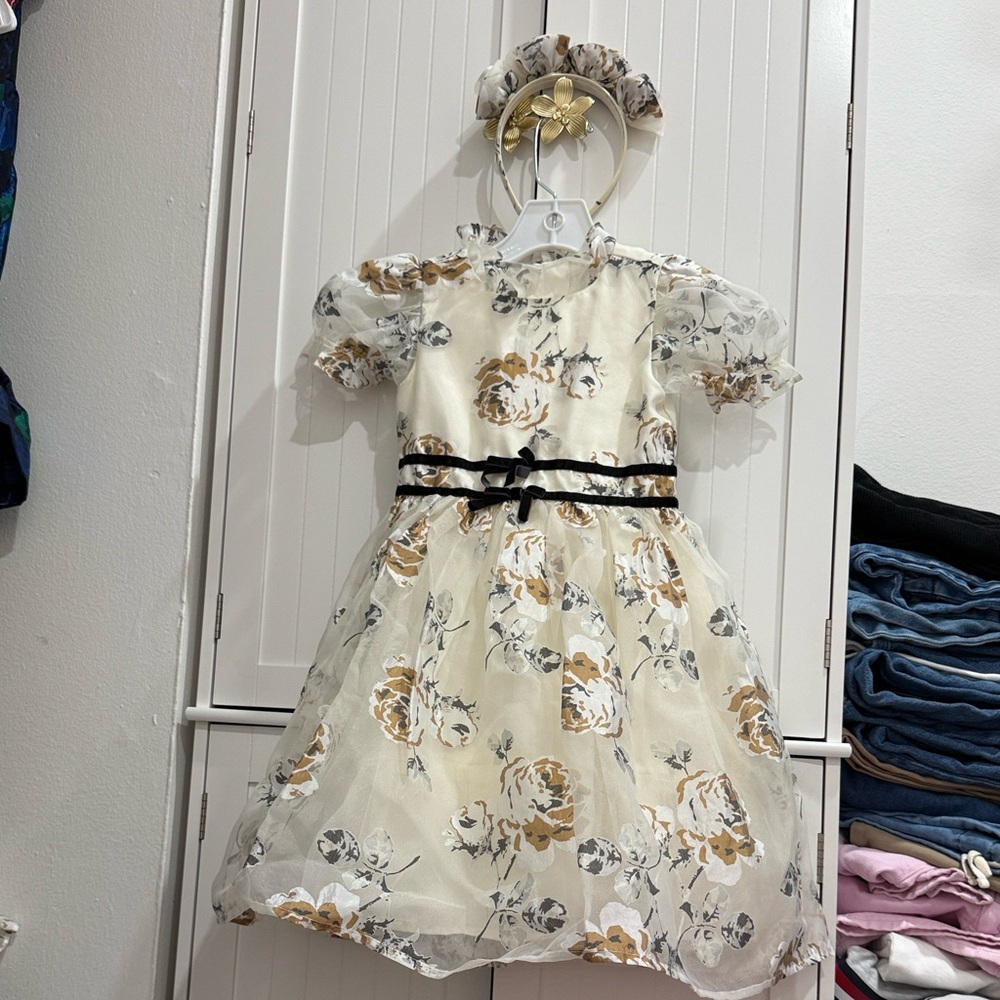 SOLD Janie and Jack holiday Cream and Gold Floral Dress with Headband